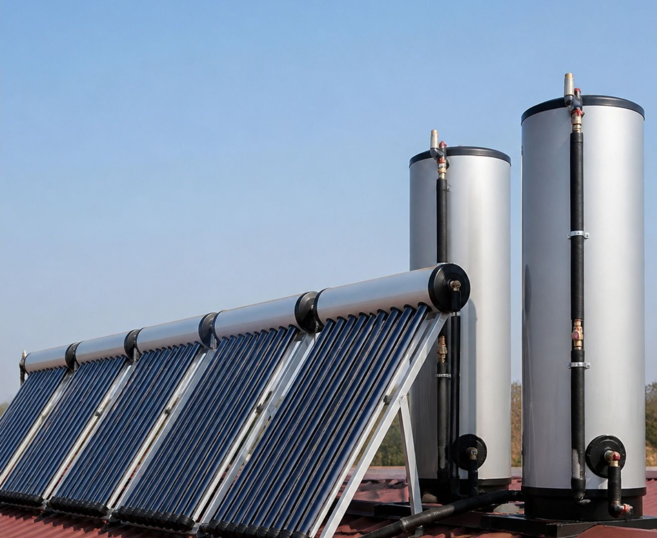 Commercial solar thermal array with storage tanks