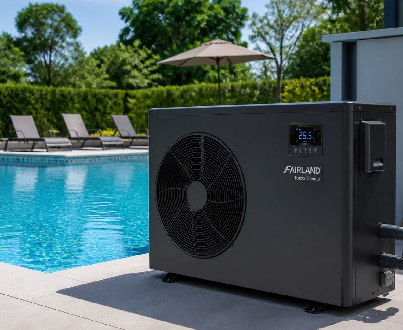 Pool heat pump installed beside a swimming pool