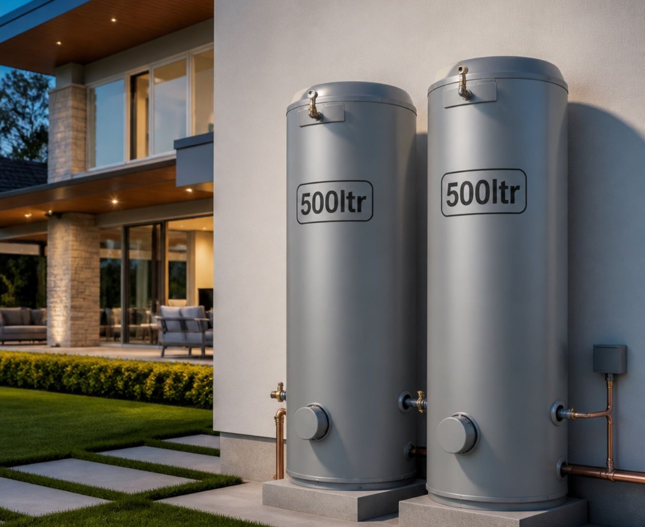 Twin 500 litre large-volume hot water storage cylinders